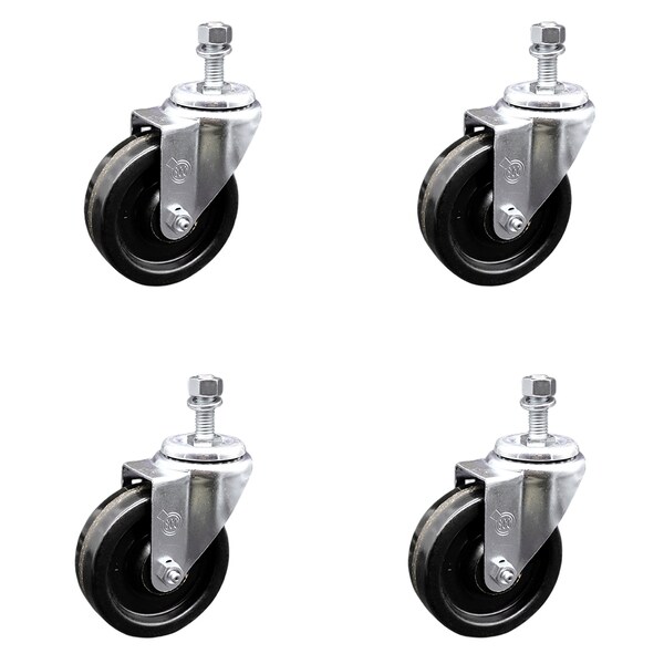 4 Inch SS Phenolic Wheel Swivel 12mm Threaded Stem Caster Set